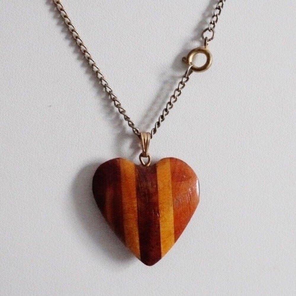 Brown Striped Wooden Heart Pendant Necklace - Picture 3 of 6